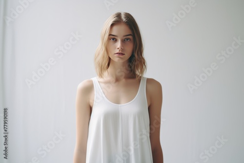 woman is wearing a minimalist style dress. Simple, comfortable atmosphere 