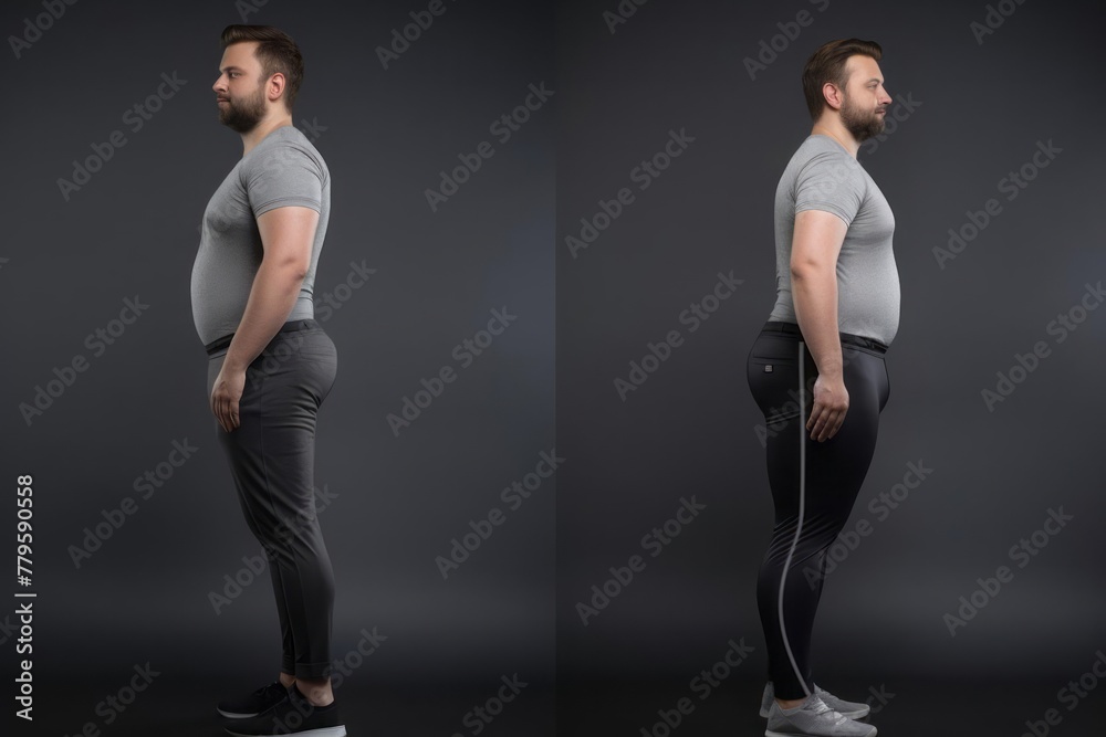 Two profile photos of a man in the process of losing weight and reducing belly fat. The result of diet and training. Losing excess weight.