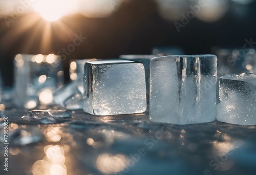 AI generated illustration of ice cubes with sunlight in the background