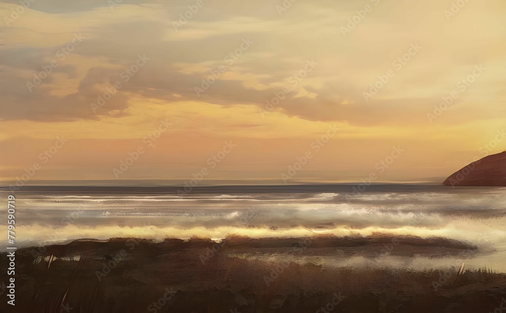 Illustration of a seascape with a sandy beach surrounded by hills in the daytime