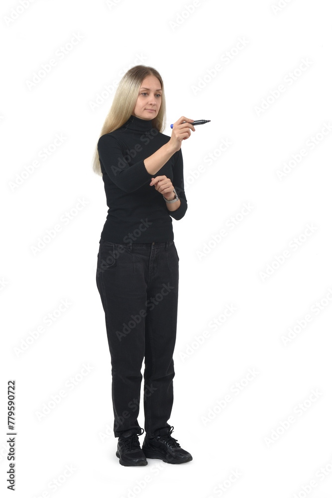 view of a woman drawing or writing imaginatively on white background. view of a woman drawing or writing imaginatively on white background.
