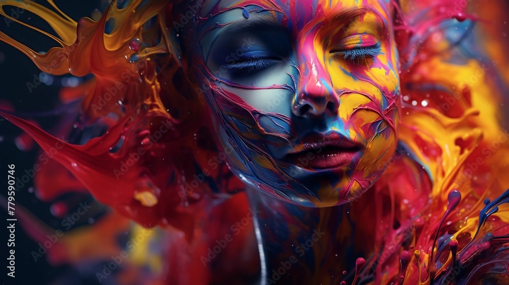 AI generated illustration of an oil painting of a woman against a vibrant abstract background