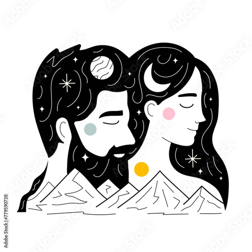 Vector illustration with man and woman, nature mountain landscape and hand drawn elements like planets, lines, stars and moon. Trendy romantic print design with couple in harmony and love © julymilks