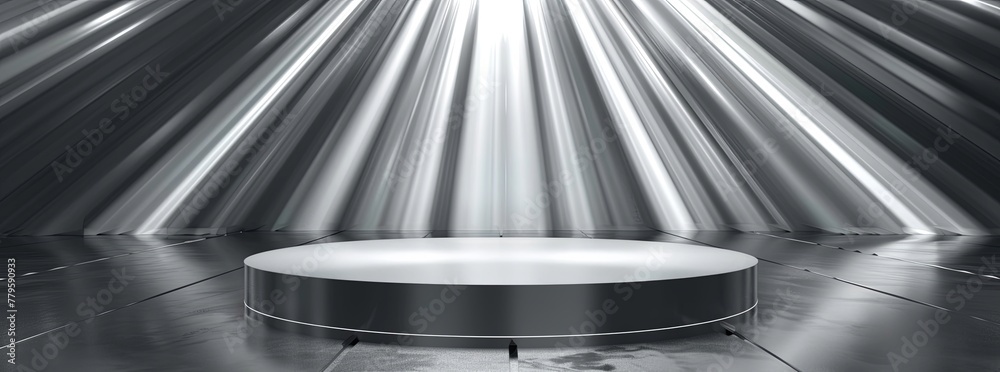 Obraz premium Abstract silver podium pedestal in futuristic geometric space with light rays, background