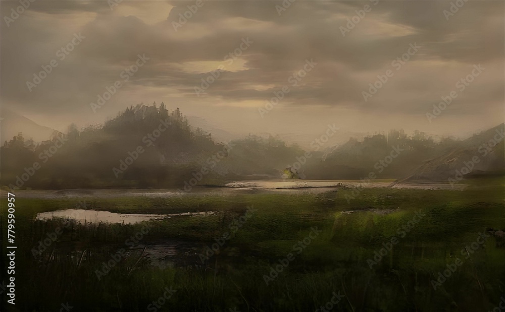 Illustration of nature with swamps surrounded by green plants and trees under a cloudy sky