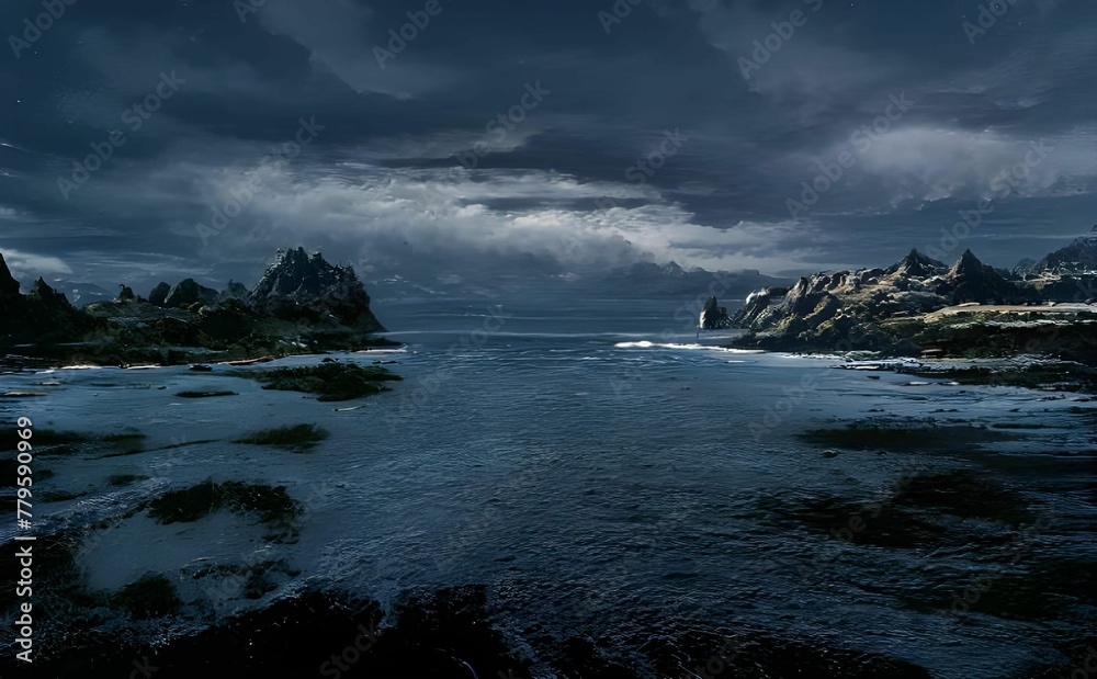 Obraz premium Illustration of a river with stones surrounded by rocks under a cloudy sky