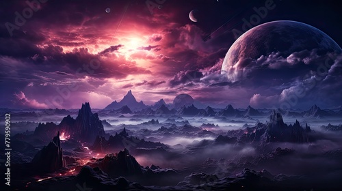 Majestic landscape of planets and mountains illuminated by magical light. AI-generated.
