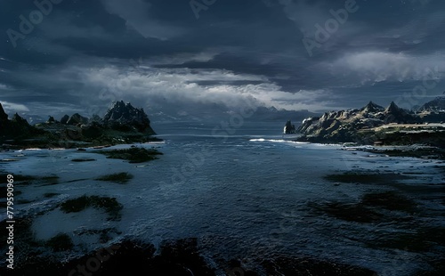 Illustration of a river with stones surrounded by rocks under a cloudy sky