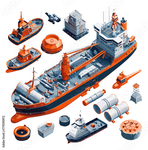 Ocean deep drilling gear isometric vector set. Ship tanker oil gas tug pipe underwater extraction equipment isolated on white background