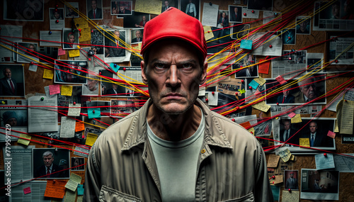 Angry man in red cap standing in front of his wall of conspiracy theories