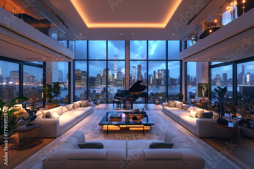 Elegant living room with a grand piano and city view through panoramic windows  AI-generated.