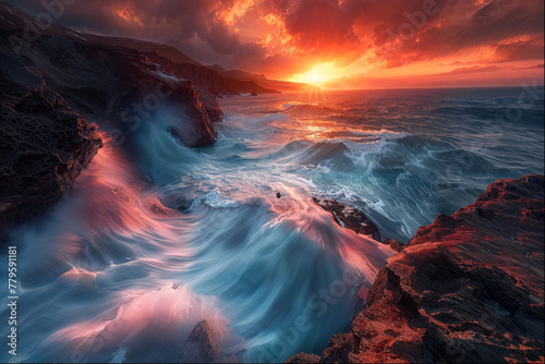 Long exposure style images of swirling ocean waves at sunset photo