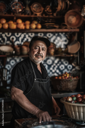 an elderly man preparing food at his kitchen counter, in front of pots