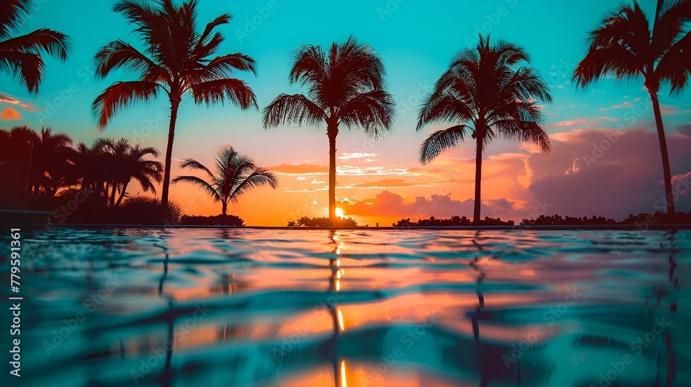 AI generated illustration of palm trees silhouetted against tropical sunset by the pool