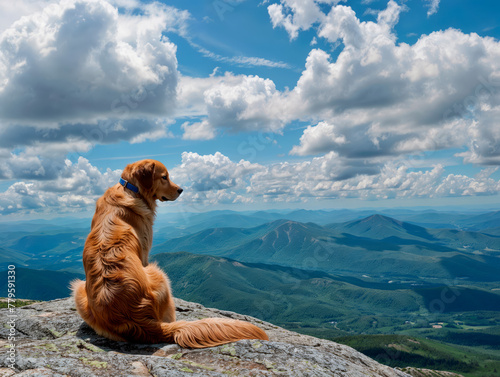 AI generated illustration of a golden dog sitting on a large rock, gazing at the mountains