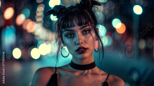 Cute goth girl outdoors in the city at night