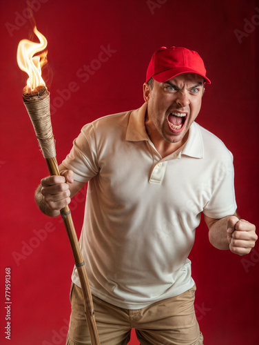 Angry man in white polo red cap carrying tiki torch photo