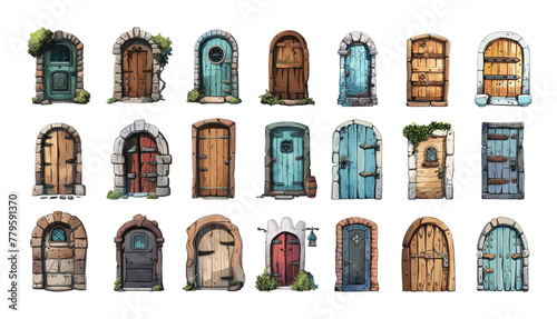 Old doors cartoon vector set. Wooden medieval metal hinges handle passages windows elements stone tiles gates castles towers fortresses dungeons entrances illustration isolated on white background © ONYXprj