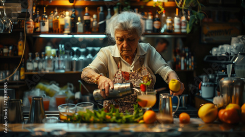 AI generated illustration of an old lady bartender finishing cocktails photo
