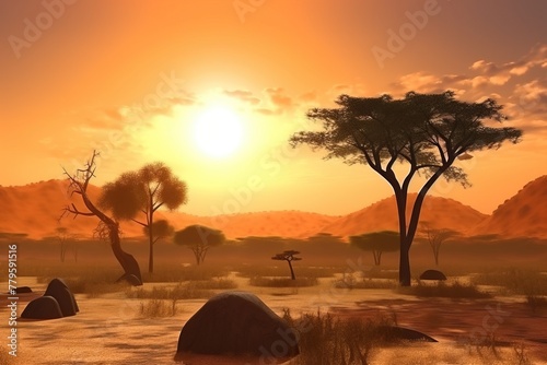 Nature in Africa day  landscape against the backdrop of the rising sun. Wild animals in the thickets. AI generated.
