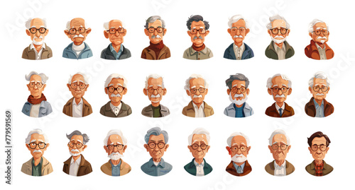 Older man avatars cartoon vector set. Elderly people beard mustache glasses shirts neck scarf accessories gray hair characters, illustration highlighted on white background