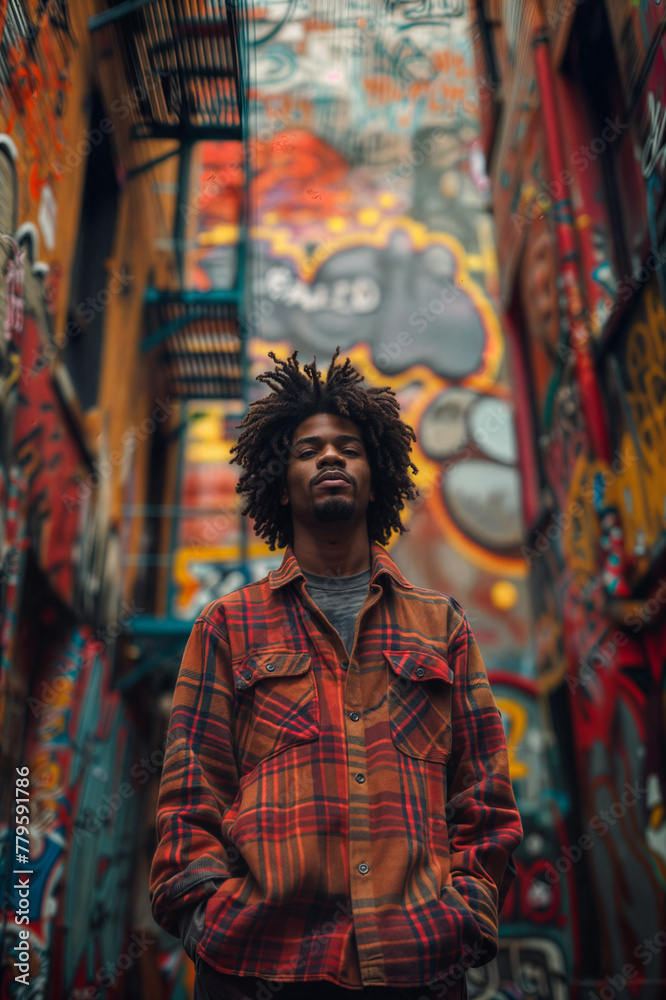 African American man standing in urban environment with buildings covered in street art African American man standing in urban environment with buildings covered in street art