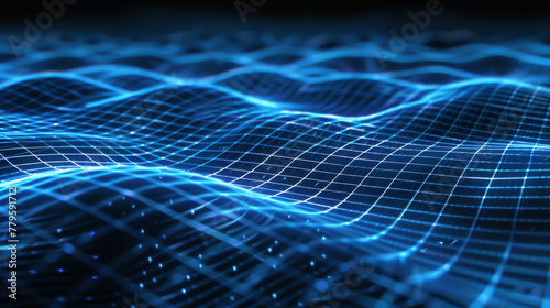 Abstract digital background with blue grid waves and glowing lines on a black background