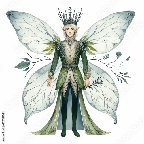 Fairy king with a majestic presence. watercolor illustration, Perfect for nursery art, fantasy monarch in crown and mantle. Medieval fairytale prince character.