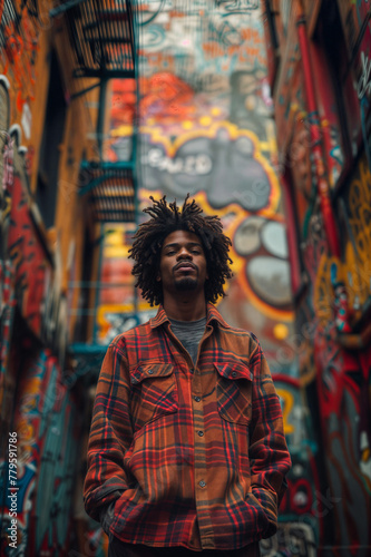 African American man standing in urban environment with buildings covered in street art