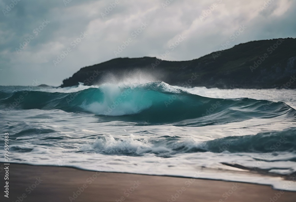 AI generated illustration of huge ocean wave near sandy beach