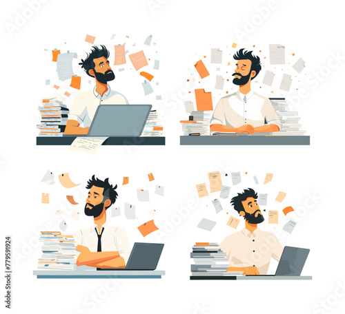 Overworked employee cartoon vector illustrations. Unorganized uncompleted office work stacks documents deadline tasks bearded man character, concepts isolated on white background