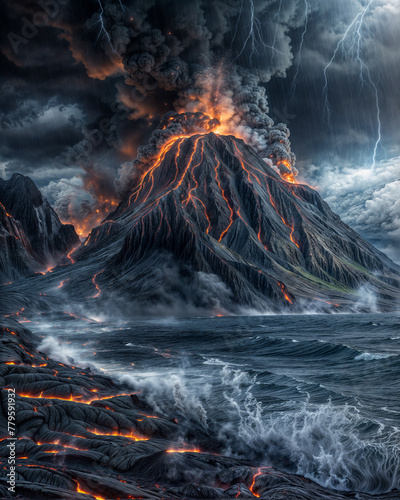 Lava erupts and seeps out from a block rock volcano by the ocean