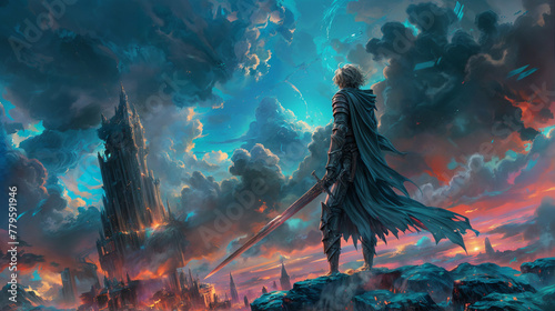 Fantasy concept art for video games or story featuring a hero with a large sword looking at a castle in the distance