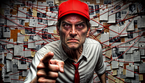 Angry man in red cap standing in front of wall of conspiracy theories