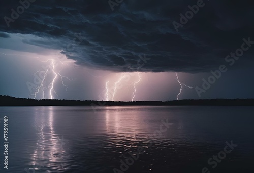 AI generated illustration of sunlight piercing through storm clouds, multiple lightning strikes