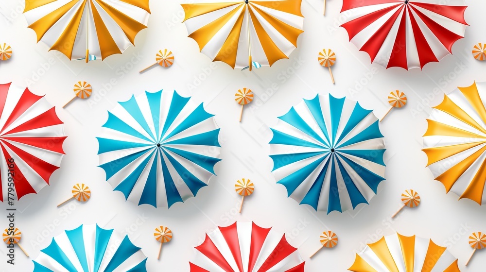 A banner design set featuring striped beach umbrellas against a white backdrop, perfect for summertime promotions