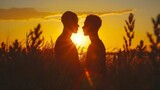 two people standing in the grass facing each other at sunset