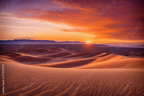 Vivid red sunset in the desert. Beautiful desert landscape