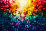 A kaleidoscope of butterflies against a rainbow sky, representing transformation and freedom.