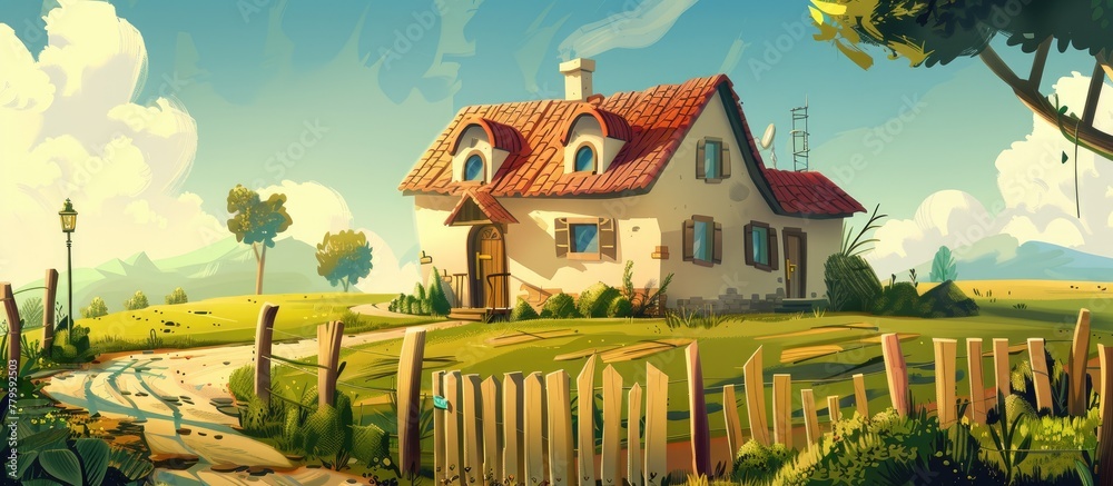 A cartoon illustration of a house with a blue sky, fluffy clouds, green grass, and colorful plants surrounding it. The painting showcases the beauty of real estate in a natural setting