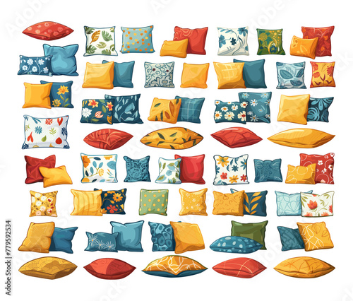 Pillows cartoon vector set. Sofa bed sleep recreation colored patterns soft textiles accessories isolated on white background