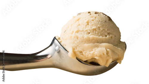 Ice cream scoops on spoon isolated on white background close up.