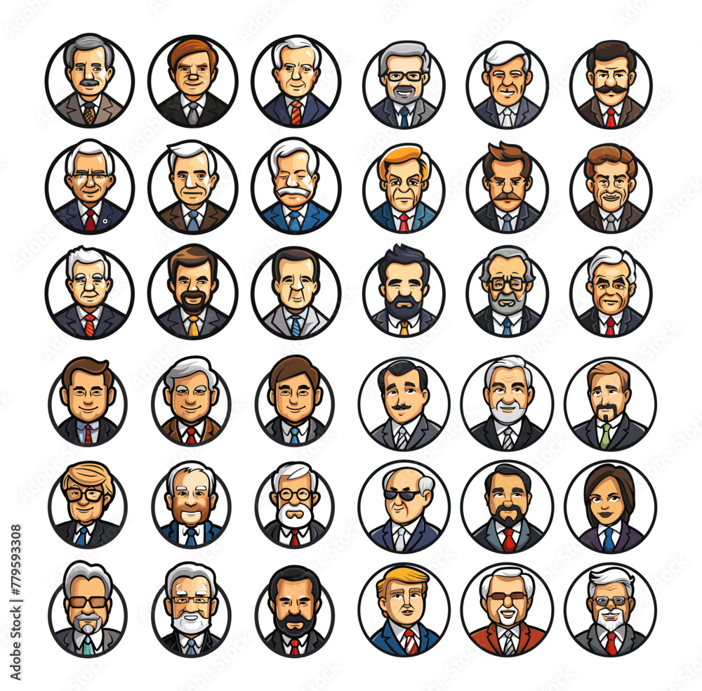 Politicians avatars cartoon vector set. World leaders prime ministers presidents eyeglasses business suits ties accessories characters colored icons isolated on white background Politicians avatars cartoon vector set. World leaders prime ministers presidents eyeglasses business suits ties accessories characters colored icons isolated on white background