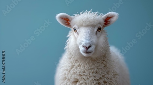 AI generated illustration of a white sheep making eye contact with the camera on a blue backdrop