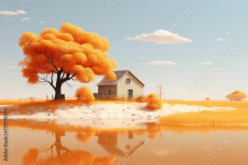 AI generated illustration of a rustic house with orange trees and a pond in the foreground