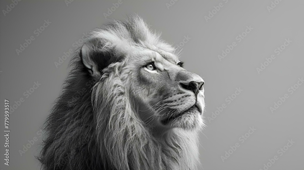 AI generated illustration of a lion on gray backdrop gazes upward to the right AI generated illustration of a lion on gray backdrop gazes upward to the right