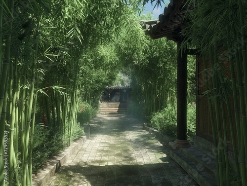 A path through a bamboo forest leads to a building. The path is lined with tall green bamboo trees, creating a serene and peaceful atmosphere. The sunlight filters through the leaves