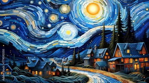 an acrylic painting showing a starry night sky over a village