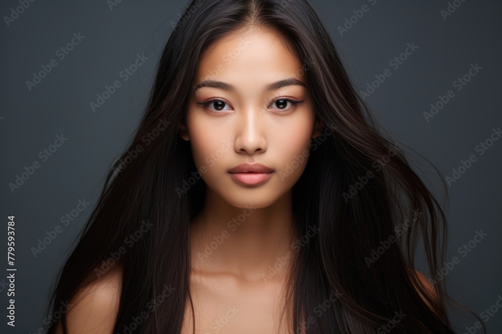 Portrait of a young Asian woman with flowing hair. Studio beauty photography. Portrait of a young Asian woman with flowing hair. Studio beauty photography.