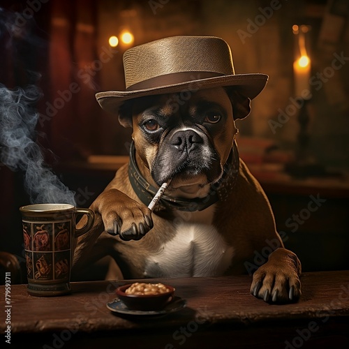 AI generated illustration of a humorous canine sitting in a bar, smoking a cigar © Wirestock